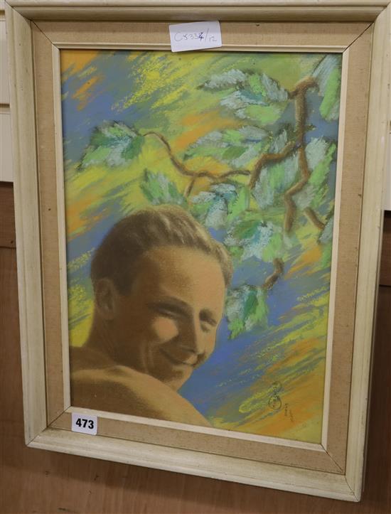 M. Laurie, pastel, Study of a young man and tree branches, signed and dated 1950 39 x 29cm